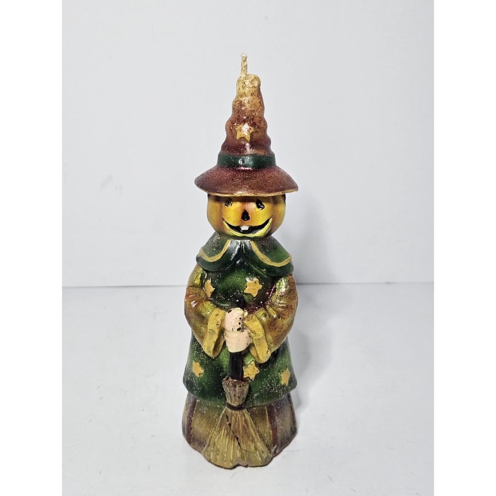Halloween Pumpkin Witch Candle Figurine Jack O Lantern Broom Star 7.5"Vintage